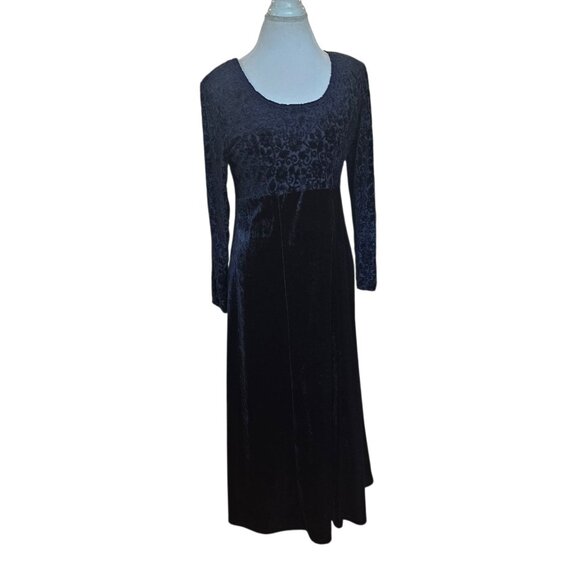 VTG 90s Black Velvet Long Dress‎ Midi To Maxi Longsleeve Gothic Sz L Stretchy - Picture 2 of 10